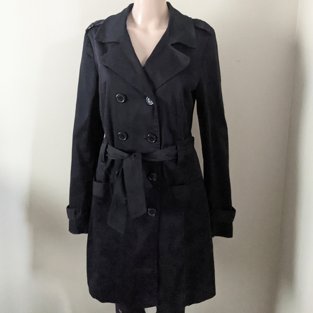Guess Jeans double breasted lined black trench coat, women's large